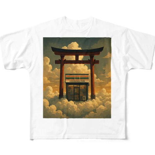 空に浮かぶ鳥居の中にあるコンビニ All-Over Print T-Shirt