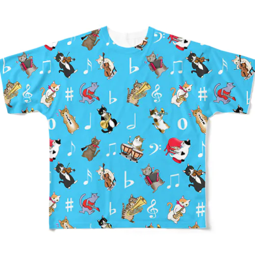 にゃんこの音楽隊ＰＡＲＴ２〈ブルー〉 All-Over Print T-Shirt