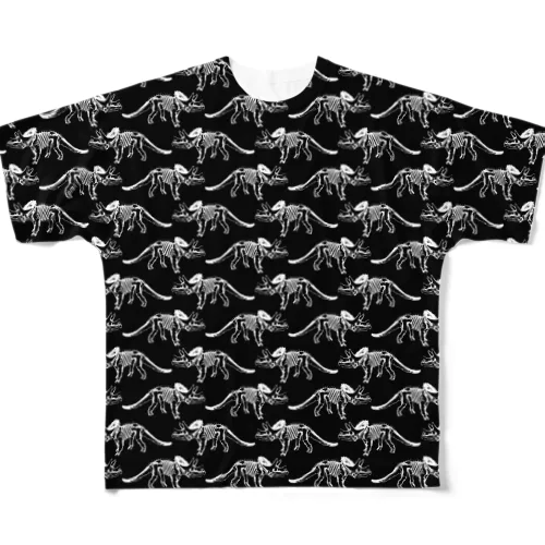 トリケラトプス骨格総柄(黒) フルグラフィックTシャツ