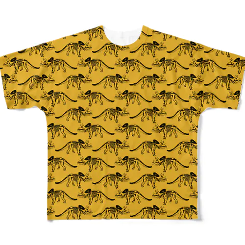 トリケラトプス骨格総柄(黄) フルグラフィックTシャツ