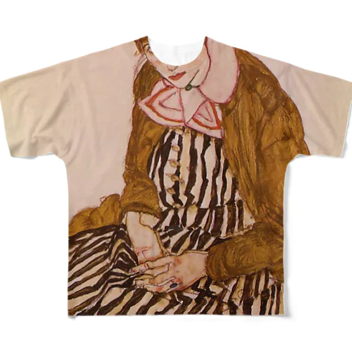 エゴン・シーレ ストライプドレスの座っているエディス フルグラフィックTシャツ