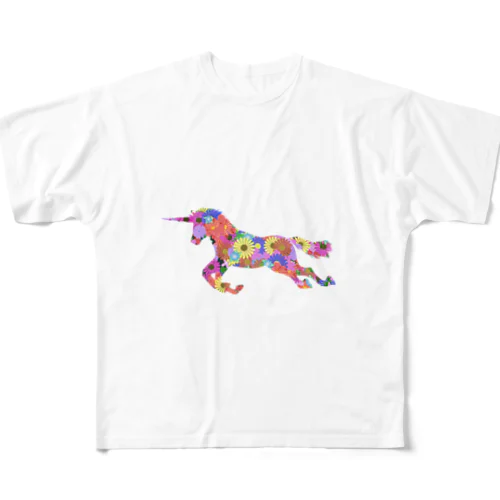 夢かわ花柄ユニコーン All-Over Print T-Shirt