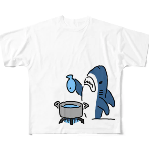 魚を茹でるサメ フルグラフィックTシャツ