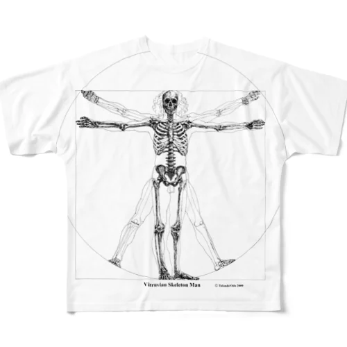 Vitruvian Skeleton Man フルグラフィックTシャツ