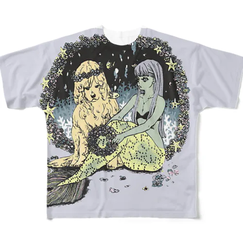 人魚と犬イケメンTシャツ All-Over Print T-Shirt