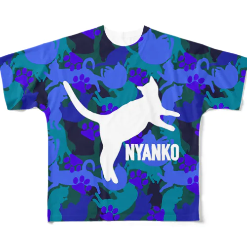 NYANKO 迷彩　カモフラ　ブルー フルグラフィックTシャツ