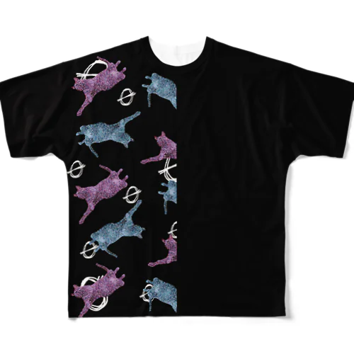 2色のドット猫ビッグシャツ／ハーフタイプ（黒） フルグラフィックTシャツ