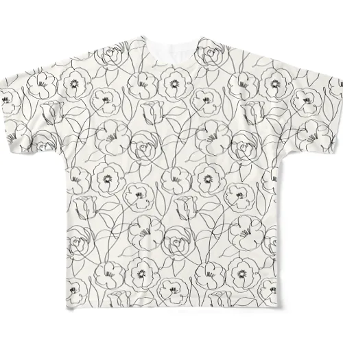 手描き風　花柄　線画　(白) All-Over Print T-Shirt