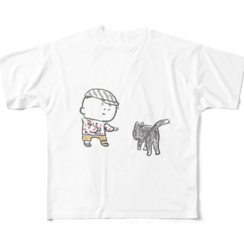 猫にちょっかいだす夫・サミ太郎 フルグラフィックTシャツ