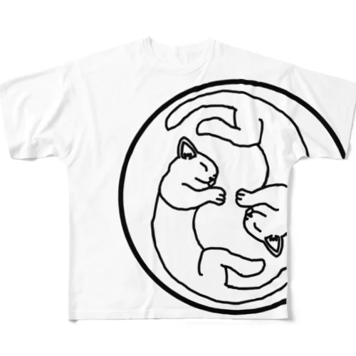 眠る猫二つ巴(黒) フルグラフィックTシャツ