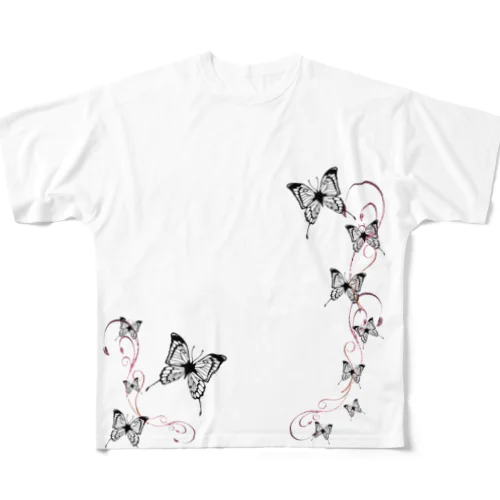 バタフライ黒＋赤唐草ビッグシャツ（白） All-Over Print T-Shirt