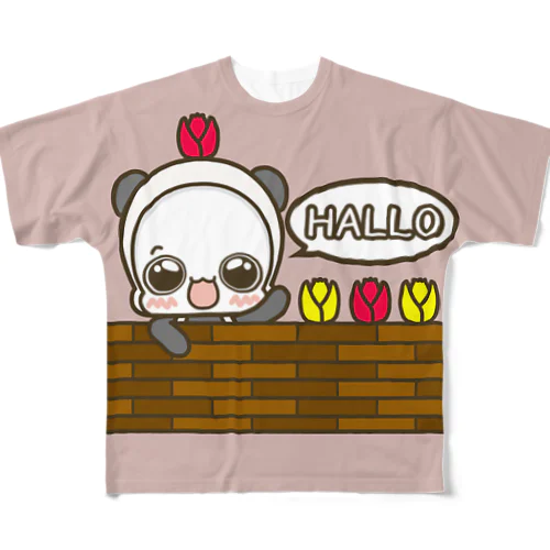 白くまパンダ　でかHello(ピンクブラウン) フルグラフィックTシャツ