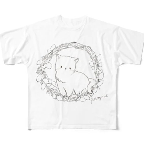 ミモザのリースとねこ　モノクロ フルグラフィックTシャツ