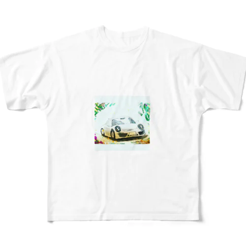 緑の中を走るシルバーのポルシェ All-Over Print T-Shirt