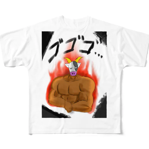 筋肉逞しいウシ フルグラフィックTシャツ