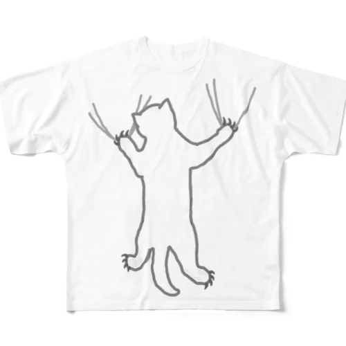 しがみつく白猫 フルグラフィックTシャツ