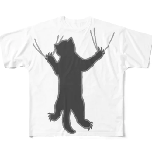 しがみつく黒猫 フルグラフィックTシャツ