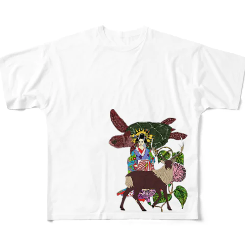 亀と鹿 All-Over Print T-Shirt