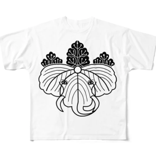 動物家紋。H.T.（桐にゾウ）黒 All-Over Print T-Shirt
