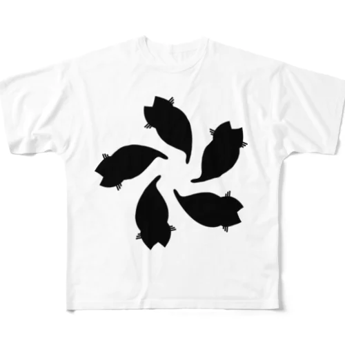 動物家紋。H.T.（変わり散り桜５ネコ）黒 All-Over Print T-Shirt