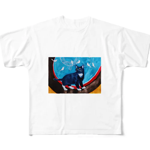 黒猫と小鳥 フルグラフィックTシャツ
