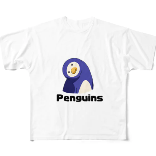 首を傾けるペンギン フルグラフィックTシャツ