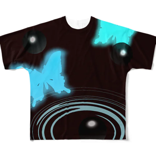水の波紋と蝶 풀그래픽 티셔츠