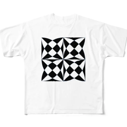 ブラック×ホワイト フルグラフィックTシャツ