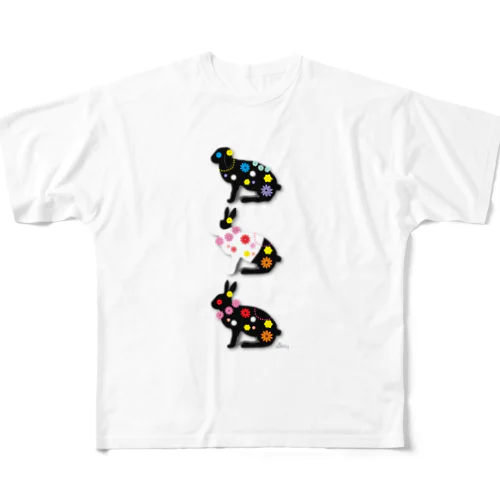 うさぎ3匹と花 All-Over Print T-Shirt