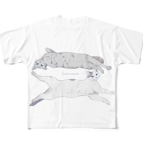 長い猫ダブル フルグラフィックTシャツ