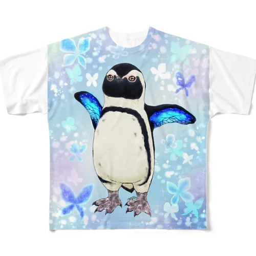 ケープペンギン「ちょうちょ追っかけてたの」(Blue) フルグラフィックTシャツ