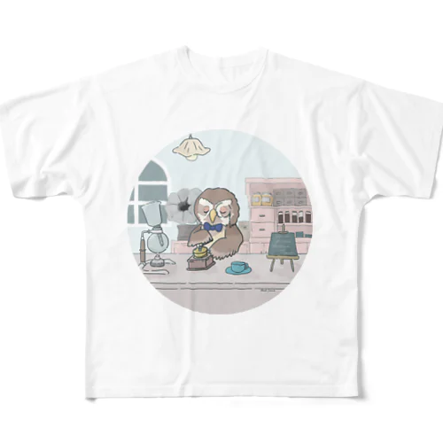 ふくろうさんの、ふくろうカフェ フルグラフィックTシャツ