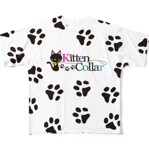 ロゴ入り黒ネコ足跡プリント All-Over Print T-Shirt