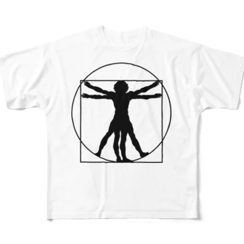 ダ・ヴィンチ　ウィトルウィウス的人体図（黒） All-Over Print T-Shirt