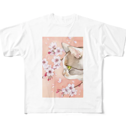 桜と三毛猫 フルグラフィックTシャツ