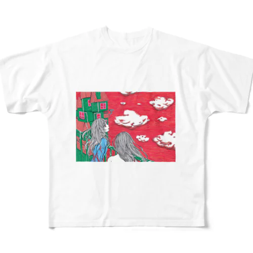 少女達と赤い空 フルグラフィックTシャツ