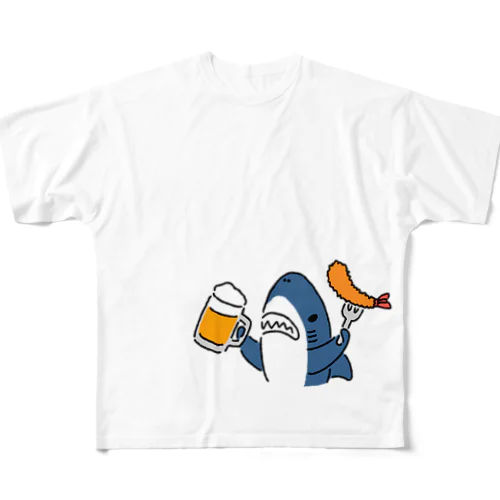 ビールとエビフライとサメ　色付き文字無しVer. フルグラフィックTシャツ