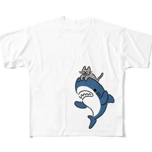 ネコをかぶるサメ 풀그래픽 티셔츠