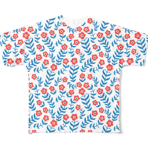 北欧の赤いお花。 赤青/青赤/大 All-Over Print T-Shirt