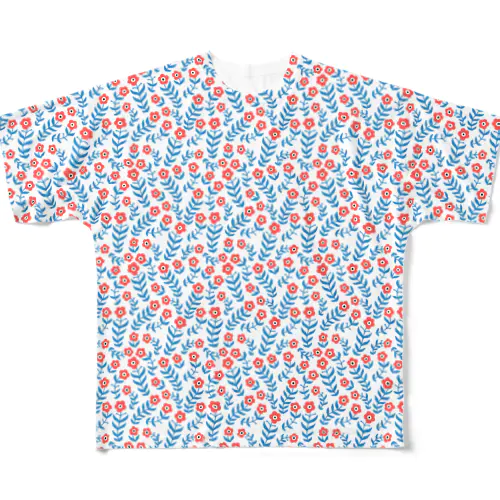 北欧の赤いお花。 赤青/青赤/小 All-Over Print T-Shirt