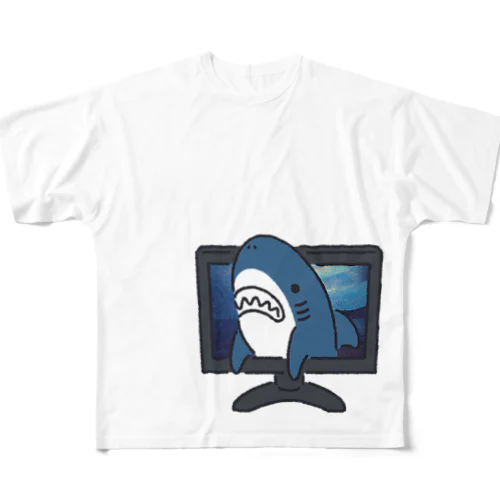 画面から出てくるサメ フルグラフィックTシャツ