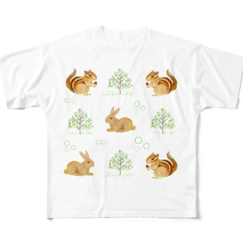 リスとウサギの森 フルグラフィックTシャツ