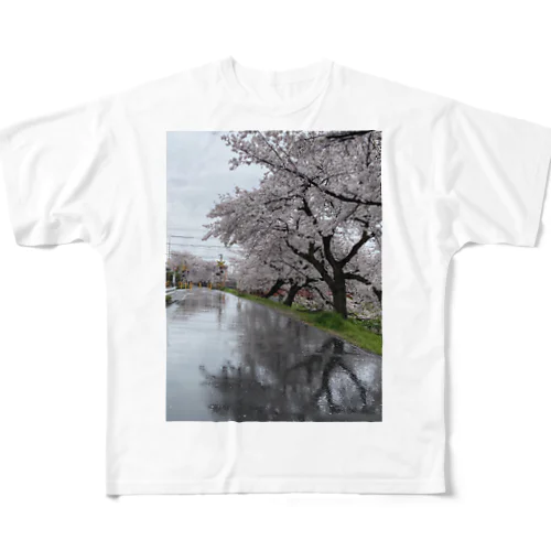 桜と踏切のウユニ塩湖風 フルグラフィックTシャツ