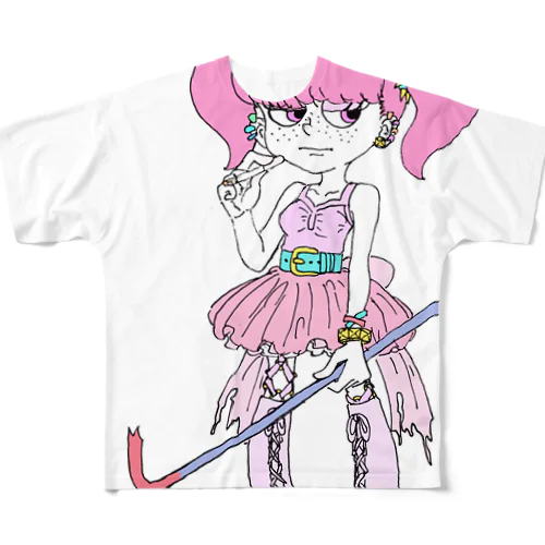 タバコ吸ってる女の子 フルグラフィックTシャツ