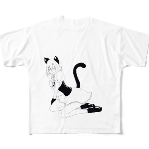 メイド猫娘　モノクロ All-Over Print T-Shirt