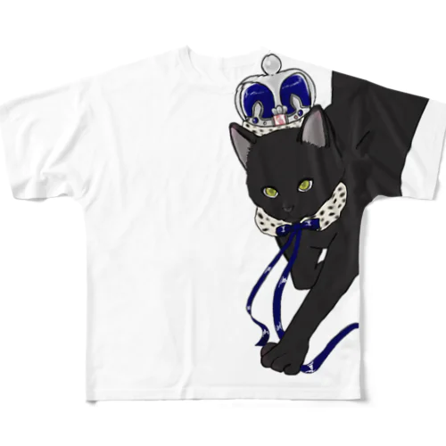 デカプリント黒猫Tシャツ　白 フルグラフィックTシャツ