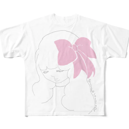 ピンクのリボンの子 フルグラフィックTシャツ