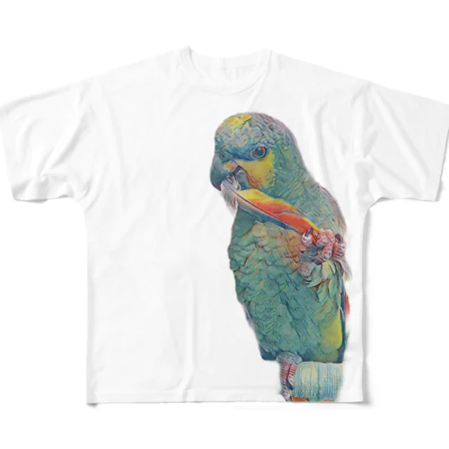 抜けた尾羽で遊ぶ鳥、キソデボウシインコ フルグラフィックTシャツ