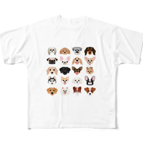 いろいろな犬種のかわいい顔 フルグラフィックTシャツ