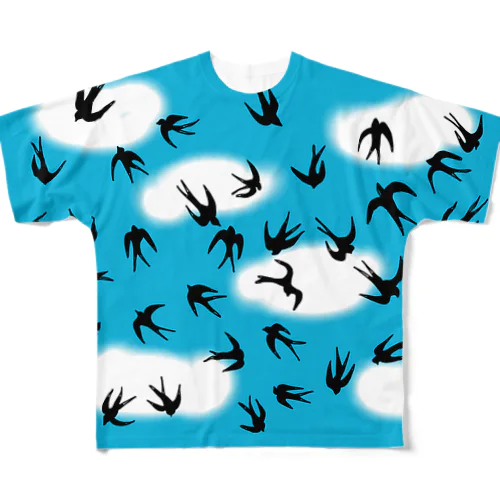 雲多め 青い空 ツバメ All-Over Print T-Shirt